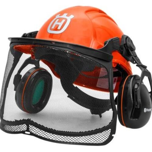 Forest helmet with earmuffs and mesh visor